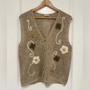 Vintage Koret Floral Button Vest Earth Tones Floral Appliqués Women’s Medium